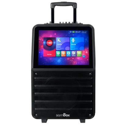Imagem de Máquina de Karaokê Profissional Caixa De Som Com Tela Touch 15.1 Android 12 E 80W RMS 2 Microfones Sem Fio WiFi Bluetooth Alça E Rodas