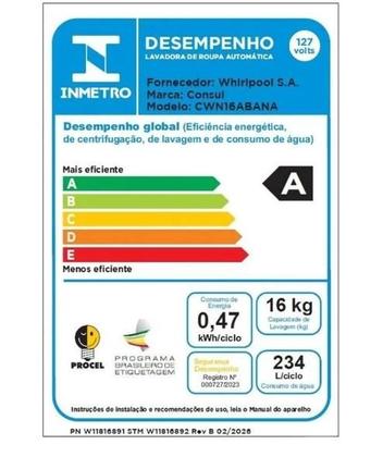 Imagem de Máquina de Lavar CWN16AB 16KG com Modo Eco Consul Branco 220V