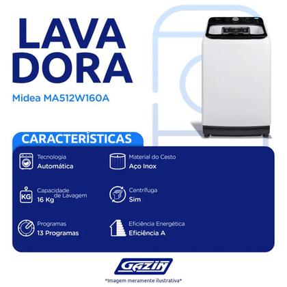 Imagem de Máquina de Lavar MA512W160A/WK 16kg Automática Cesto Inox Midea