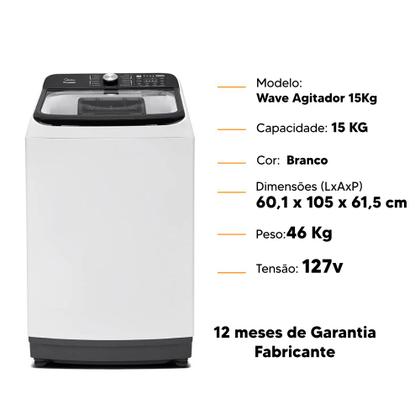 Imagem de Maquina de Lavar Midea Wave Agitador 15KG 13 programas com Timer Digital - Branco -