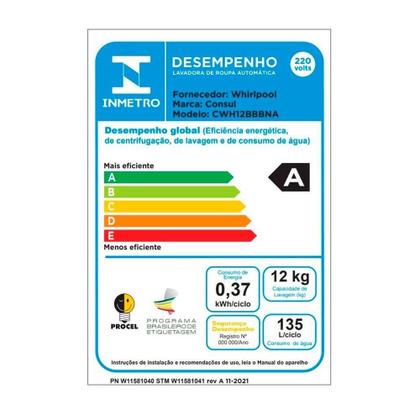 Imagem de Máquina de Lavar Roupas 12Kg Consul CWH12BB, Branca, 220V