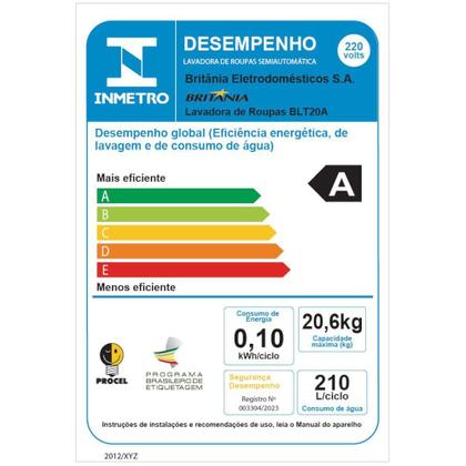Imagem de Máquina De Lavar Roupas Britânia Semiautomática BLT22P 22kg 7 Programas de Lavagem