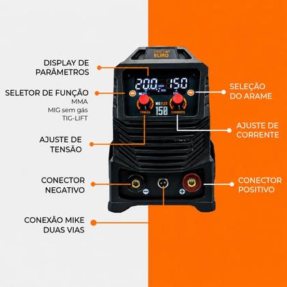 Imagem de Máquina de Solda Multiprocesso MIG Flex 150A Bivolt Automática Sem Gás MMA TIG Lift Pró Euro