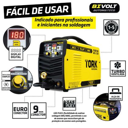 Imagem de Máquina Inversor de Solda Sinérgico 180A Bivolt Tig Mig MMA Máscara 8K Tork + Arame