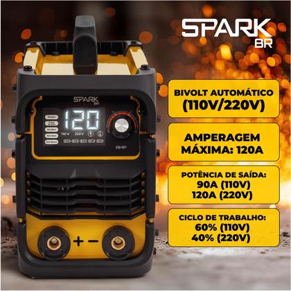 Imagem de Máquina Solda Inversora 120MMA Bivolt Painel Digital SparkBR Máscara Acessórios Portátil Alça Transporte Profissional 2,0 2,5 3,2 Eletrodos AMGW01