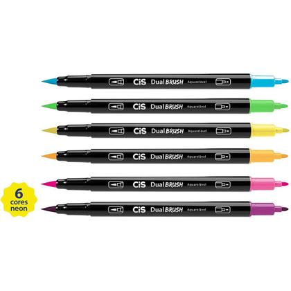 Imagem de Marcador Artístico Dual Brush Pen 2 Pontas Neon Aquarelável 6 Cores - CIS