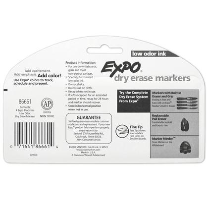 Imagem de Marcadores Apagáveis a Seco EXPO Low Odor - Ponta Fina - Pretos (4 Unidades)