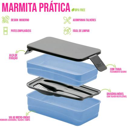 Imagem de Marmita Fit Dupla Pote Box Talheres Garfo Faca Salada Comida Geladeira