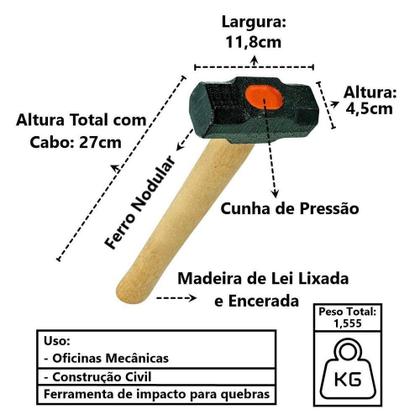 Imagem de Marreta Cabo De Madeira Lixado Encerado Cunha Pressão 1500g