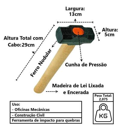 Imagem de Marreta Cabo De Madeira Lixado Encerado Cunha Pressão 2kg