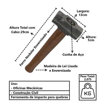 Imagem de Marreta Premium Cabo De Madeira Envernizado Cunha Aço 2kg