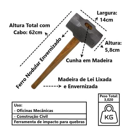 Imagem de Marreta Premium Cabo e Cunha de Madeira Envernizado 3Kg