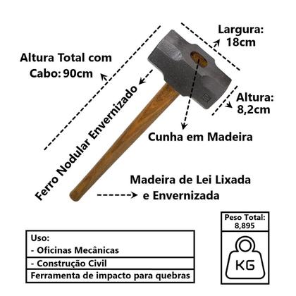 Imagem de Marreta Premium Cabo e Cunha de Madeira Envernizado 8Kg
