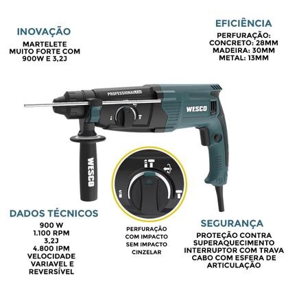Imagem de Martelete Perfurador e Rompedor Wesco 900W 3,2J, SDS Plus com Maleta, Brocas, Ponteiro, Talhadeira, Mandril  Profissional  WS3228K