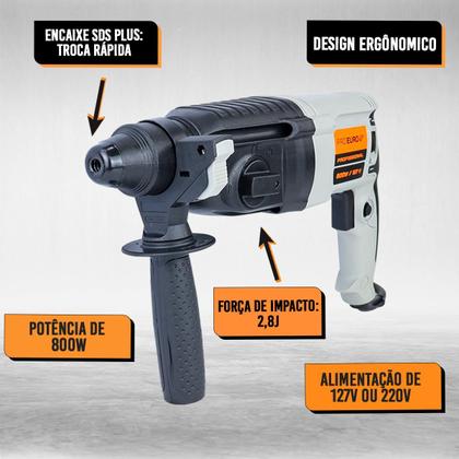 Imagem de Martelete Perfurador Rompedor 800w 2.8J Profissional 127V Com Maleta Pró Euro