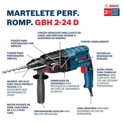 Imagem de Martelete Perfurador Rompedor Bosch, 820W, 2.7J, SDS Plus, com Acessórios Essenciais Profissional  GBH224 Sem Maleta