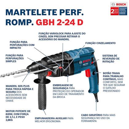 Imagem de Martelete Perfurador Rompedor Bosch 820W, 2.7J, SDS Plus, com Kit Brocas Bosch e Acessórios Essenciais  GBH 224D