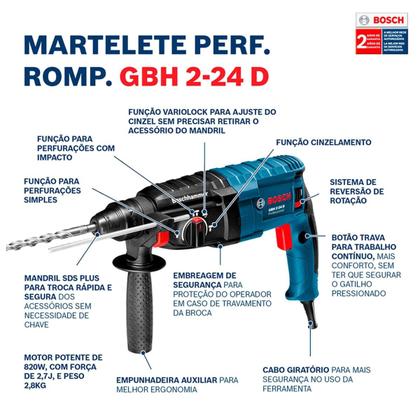 Imagem de Martelete Perfurador Rompedor Bosch GBH 2-24D 820 Watts 127V