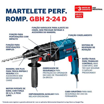 Imagem de Martelete Perfurador Rompedor GBH 224 D Bosch 790W 2,7J 127V SDS Plus Sem Maleta Com 5 Brocas Concreto Aço e Madeira Obras e Reformas Profissional
