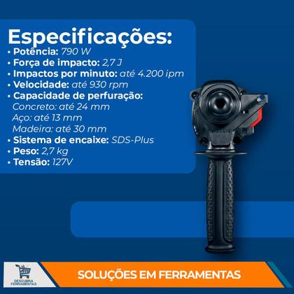 Imagem de Martelete Perfurador Rompedor GBH 224 D Bosch 790W 2,7J 127V SDS Plus Sem Maleta Com 5 Brocas Concreto Aço e Madeira Obras e Reformas Profissional