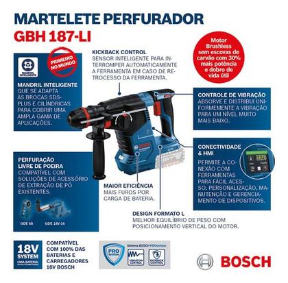 Imagem de Martelete Rompedor Gbh 187-li Bosch 2 Baterias Kit 70 Peças