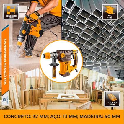 Imagem de Martelete Rotativo Rompedor SDS Plus Ingco RH1500289ING 1500W 850rpm 4400ipm Até 40mm 127V ou 220V Furadeira C/ Maleta e Acessórios Profissional
