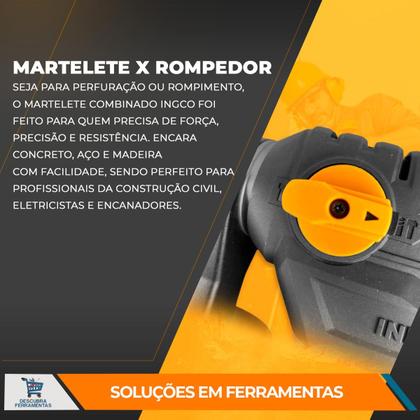 Imagem de Martelete Rotativo Rompedor SDS Plus Ingco RH1500289ING 1500W 850rpm 4400ipm Até 40mm 127V ou 220V Furadeira C/ Maleta e Acessórios Profissional