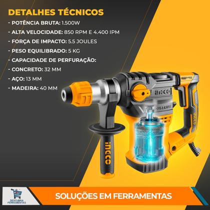 Imagem de Martelete Rotativo Rompedor SDS Plus Ingco RH1500289ING 1500W 850rpm 4400ipm Até 40mm 127V ou 220V Furadeira C/ Maleta e Acessórios Profissional