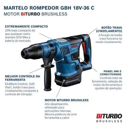 Imagem de Martelete SDS-Max Perfurador Rompedor à Bateria 18V BITURBO Brushless sem Bateria GBH 18V-36C BOSCH