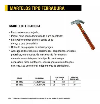 Imagem de Martelo ferradura cabo madeira tratada pré-encolhida stanley 27mm 450g cabeça aço forjado 51-420s golpear extrair prego