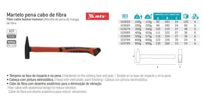 Imagem de Martelo pena aco carbono forjado cabo fibra de vidro emborrachado 200g -mtx