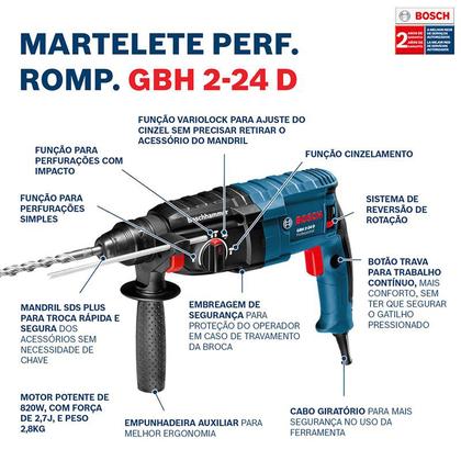 Imagem de Martelo Perfurador Rompedor Bosch GBH 2-24 D 820W 2,7J EPTA 127V em Maleta