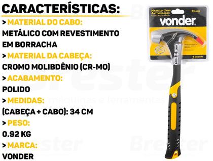 Imagem de Martelo Unha Anti Vibração Em Aço Cromo Molibdênio Cabo Emborrachado Para Marcenaria Carpintaria Vonder
