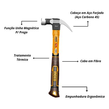 Imagem de Martelo Unha Magnético Ingco Com Cabeça em Aço Forjado 220g