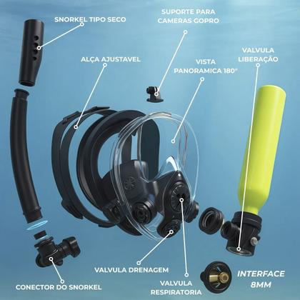 Imagem de Mascara de Mergulho Cilindro Oxigenio Snorkel Manometro Completo Nataçao Suporte De Camera Oculos Anti Embaçamento