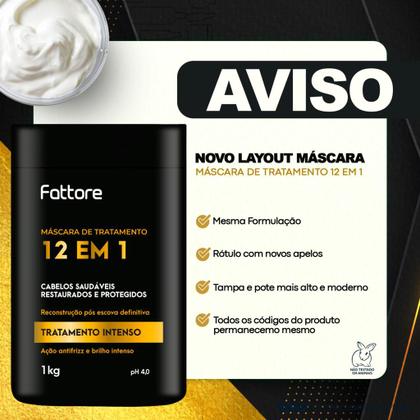 Imagem de Máscara de Tratamento Fattore 12 em 1 - 1kg Profissional Tratamento Intenso Restauração Pós Escova Definitiva