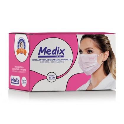 Imagem de Máscara Medix Tripla Descartável Rosa Caixa com 50 Unidade Kit com 4 caixas