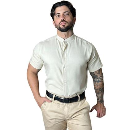 Imagem de Masculina Camisa Botão Manga Curta Gola Padre Moda Praia