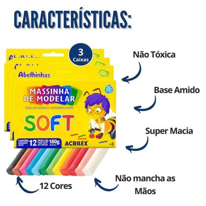 Imagem de Massa de Modelar 12 Cores Soft Acrilex Kit 3 Caixas 180g Infantil Escolar Massinha Macia Atoxica Base Amido