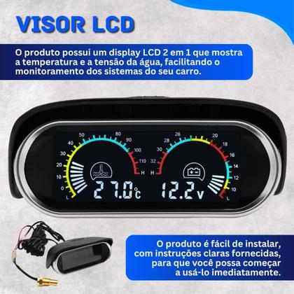 Imagem de Medidor Digital Automotivo 2 em 1 Temperatura da Água e Voltímetro 12V 24V com Display LCD