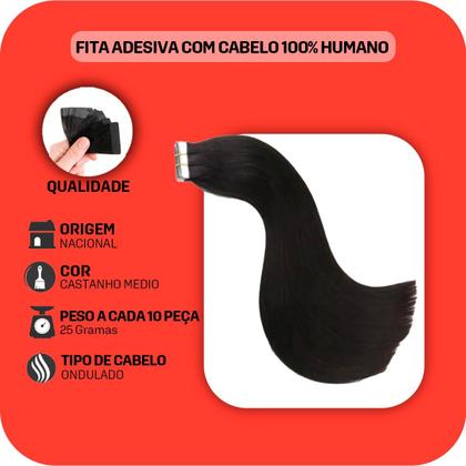 Imagem de Mega Hair Fita Adesiva Castanho ondulado 60cm 20 Peças
