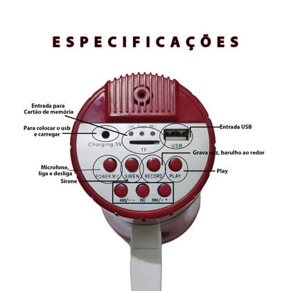 Imagem de Megafone Alto Falante Microfone Sirene Gravador Voz Cartao Sd Portatil Mensagem Guia Turistico Usb