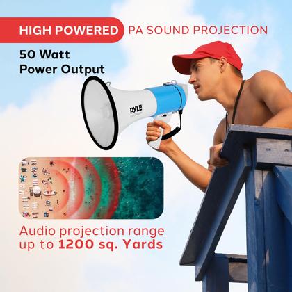 Imagem de Megafone Pyle 50W portátil com sirene e entrada auxiliar - branco-azul