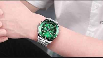 Imagem de Megir relógio de pulso sem gênero cronógrafo de quartzo, aço inoxidável, à prova dágua, luminoso, analógico, 24 horas, mostrador verde 2064g9