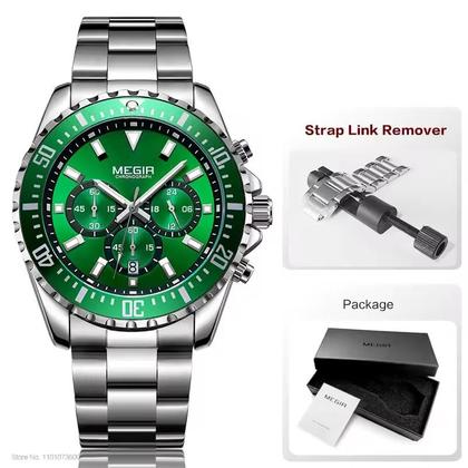 Imagem de Megir relógio de pulso sem gênero cronógrafo de quartzo, aço inoxidável, à prova dágua, luminoso, analógico, 24 horas, mostrador verde 2064g9