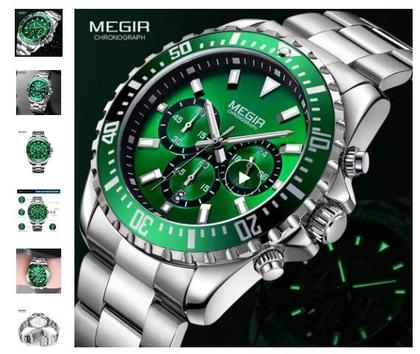 Imagem de Megir relógio de pulso sem gênero cronógrafo de quartzo, aço inoxidável, à prova dágua, luminoso, analógico, 24 horas, mostrador verde 2064g9
