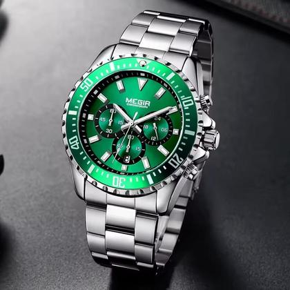 Imagem de Megir relógio de pulso sem gênero cronógrafo de quartzo, aço inoxidável, à prova dágua, luminoso, analógico, 24 horas, mostrador verde 2064g9