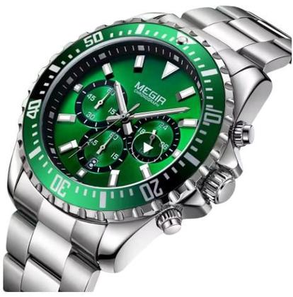 Imagem de Megir relógio de pulso sem gênero cronógrafo de quartzo, aço inoxidável, à prova dágua, luminoso, analógico, 24 horas, mostrador verde 2064g9