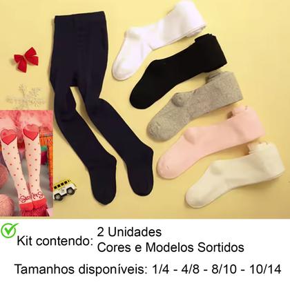 Imagem de Meia Calça Infantil Juvenil com Pé Fio 40: Kit 2 Unidades em Cores e Estampas Sortidas - 1 a 12 anos Menina