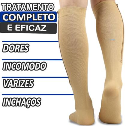 Imagem de Meia Cano Alto Para Varizes Trombose Média Compressão Com Zíper Original 